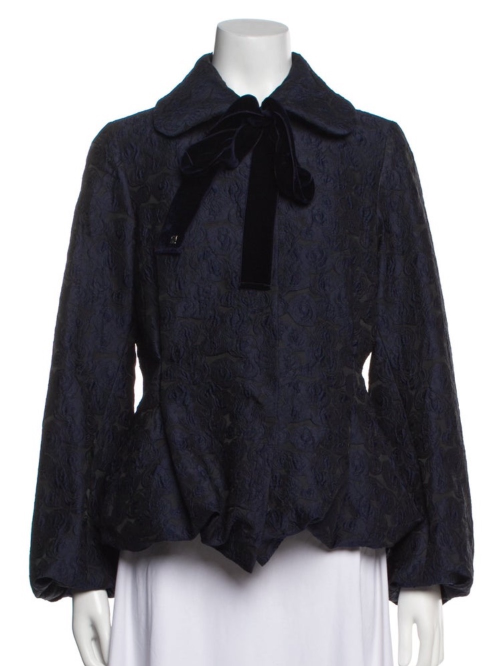 Carolina Herrera Navy Floral Jacquard Peplum Jacket with Velvet Bow